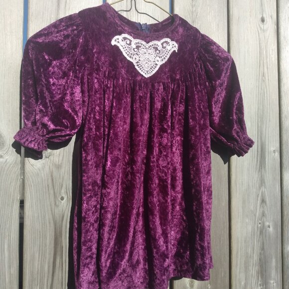 Vintage Baby Girls Dress Purple Crushed Velour Lace Applique - Picture 2 of 16